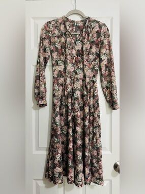 70s Vintage Sears Long Sleeve Floral Midi Dress in Rose and Green